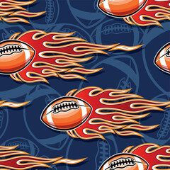 American football wallpaper design vector image. Repeating tile background of rugby balls and fire flame seamless pattern texture.