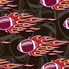 American football wallpaper design vector image. Repeating tile background of rugby balls and fire flame seamless pattern texture.