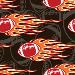 Rugby balls in fire repeating tile background. American football balls seamless pattern vector image wallpaper and wrapping paper design.