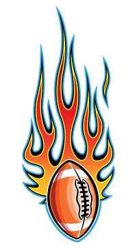 American football ball in burning fire flame rugby ball vector image car sticker motorcycle decal and sport logo template.