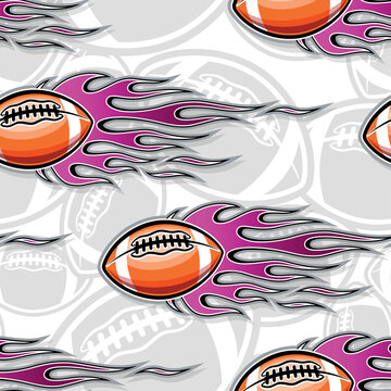 American football balls and tribal fire flames Seamless pattern vector art image. Burning rugby balls repeating tile background wallpaper texture.