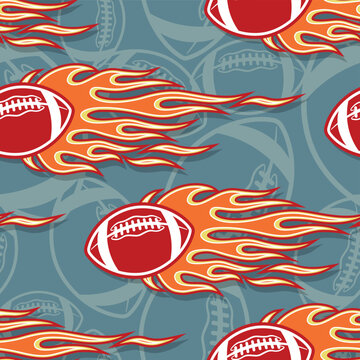 American football balls in burning fire flame seamless pattern vector art image. Rugby balls repeating tile background wallpaper texture.