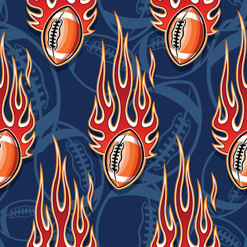 Rugby balls and tribal fire flame seamless pattern vector art image. Flaming American football balls continuous background wallpaper texture.