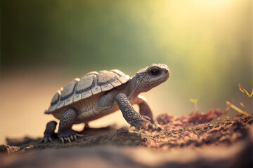 Fototapeta na wymiar Photo of a small turtle in nature on land. Generative Ai