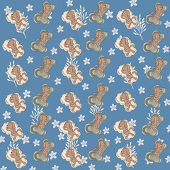 a puppy sleeps on the moon,a pillow made of a bone,a pillow made of a cloud,stars,flowers,hearts,baby,congratulations seamless pattern with birds