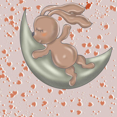 baby shower invitation bunny sleeps on the moon,stars,flowers,hearts,baby,congratulations