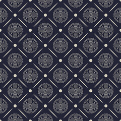 Seamless elegant pattern with Chinese symbols, dots and rhombus decoration in silver color on dark blue (indigo) background - 561901175