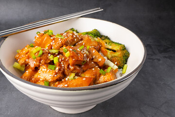 Close up. Delicious sweet chopping chicken rice, sesame seeds, sliced spring onions, broccoli, and vegetables. Asian food, Japanese food