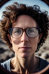 Fototapeta na wymiar Active brunette in her 30s outdoor close-up portrait, short curly hair and glasses, beautiful brown eyes, healthy lifestyle, focus on true inner nature, peaceful, ageing well, made with AI Generative