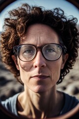 Fototapeta na wymiar Active brunette in her 40s outdoor close-up portrait, short curly hair and glasses, beautiful brown eyes, healthy lifestyle, focus on true inner nature, peaceful, ageing well, made with AI Generative
