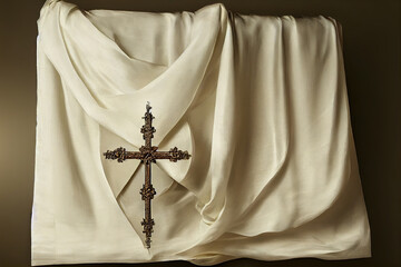 Crucifixion of Jesus Crist, religious Cristianity concept, cross over shroud sheet