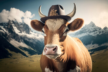Lustige Kuh mit Hut in den Bergen - Generative AI - obrazy, fototapety, plakaty
