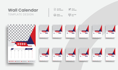 Minimal corporate company wall calendar template with the week starting from Monday. Monthly creative 12 months photo wall calendar layout illustration. Vol - 07