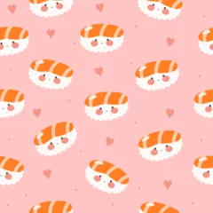 Rolgordijnen Cute endless pattern with sushi, rolls and gunkans. Kawaii seamless ornament with traditional Japanese food. Asian cuisine. Stock vector illustration. © Anna