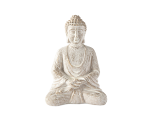 Close up view of white color sitting meditating Buddha figurine hands doing meditation Dhyana mudra gesture also known as Samadhi mudra.
