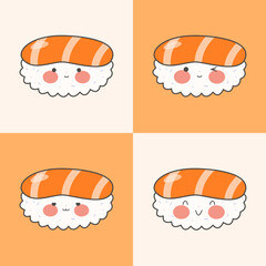 Cute endless pattern with sushi, rolls and gunkans. Kawaii seamless ornament with traditional Japanese food. Asian cuisine. Stock vector illustration.