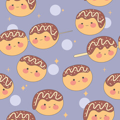 Kawaii takoyaki seamless pattern.Japanese cuisine in cute cartoon style. Traditional Japanese food. Stock vector illustration.