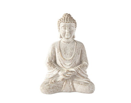 Close up view of white color sitting meditating Buddha figurine hands doing meditation Dhyana mudra gesture also known as Samadhi mudra.