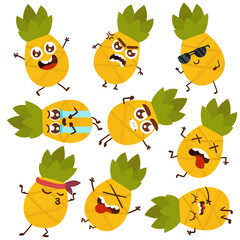 Naklejka premium Cute Cartoon Emotional Pineapple character stickers on white background 