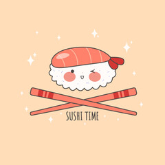 Sushi time.Cute Sushi set with smiling face and pink cheeks. Kawaii rolls. Japanese traditional cuisine dishes. Stock vector illustration.