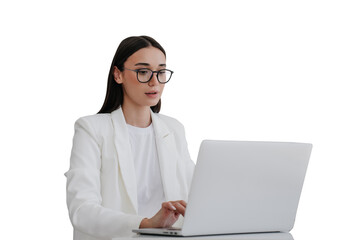 Elegant brunette young businesswoman remote working home, in white suit, using laptop against...