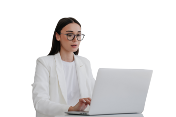 Elegant brunette young businesswoman remote working home, in white suit, using laptop against transparent background. Attractive student girl having distant lesson. Mockup, Business and technologies.