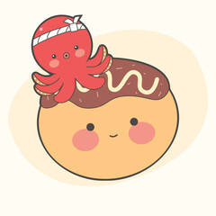 Cute octopus on takoyaki. Kawaii illustration of traditional Japanese festival food. Asian cuisine. Stock vector illustration.