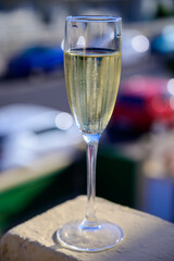 Dinner party, drinking of cava or champagne sparkling wine in vacation resort Caleta Fuste, Fuerteventura, Canary islands vacation, Spain