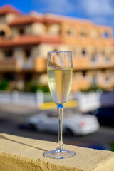 Dinner party, drinking of cava or champagne sparkling wine in vacation resort Caleta Fuste, Fuerteventura, Canary islands vacation, Spain
