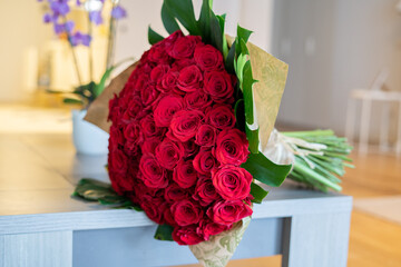 concept of love and romance. a large bouquet of red roses