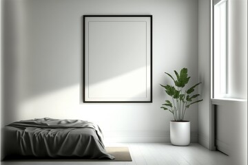 The simplicity of the room is punctuated by a grand, empty white painting on the wall.