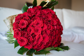 concept of love and romance. a large bouquet of red roses