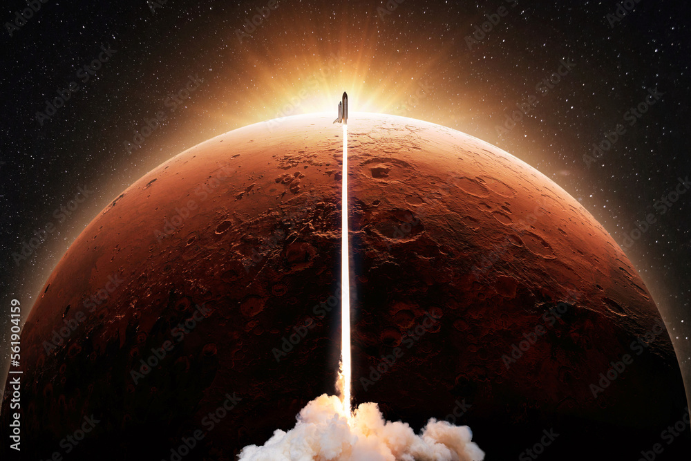 Poster successful space shuttle rocket launch with smoke and light blast flies to the red planet mars at su