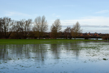 Flood water in a public park after the river banks burst from heavy rain
