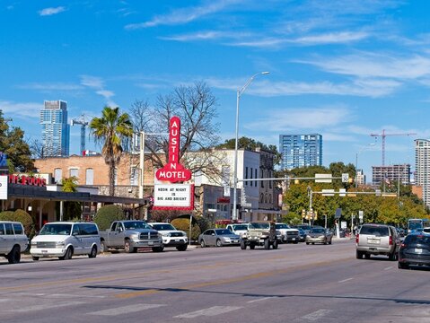 Historic Austin Motel sign on Congress Avenue in Austin, Texas