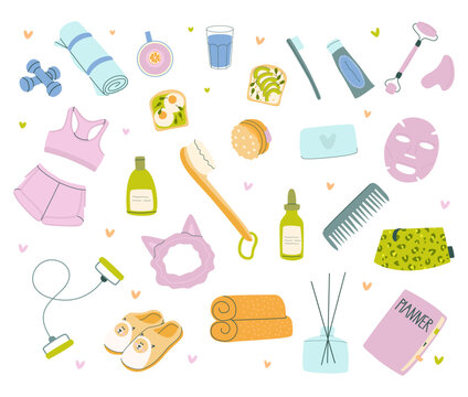 A set of elements of the morning routine. Face mask, comb, massager, soap, slippers, breakfast, cup of tea, sportswear, dumbbell, yoga mat. The concept of self-care and a good start to the day.