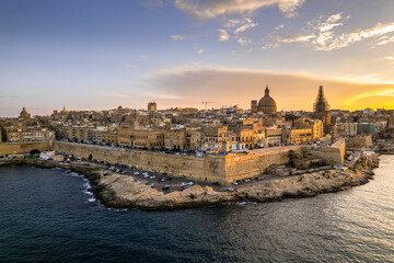 Obraz premium Valletta, Malta aerial drone view at old town at sunset