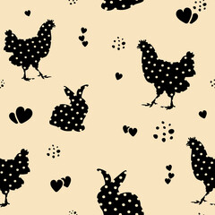 Easter seamless pattern with hen and rabbit. Festive decorative abstract print. Packaging template, graphic design, wrapping paper, textiles and wallpapers.