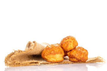 Several bouquets on a jute napkin, on a white background.