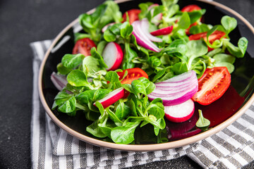 fresh salad tomato, radish, onion, mache lettuce, green leaves vegetable snack healthy meal food on the table copy space food background rustic top view