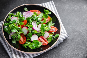 fresh salad tomato, radish, onion, mache lettuce, green leaves vegetable snack healthy meal food on the table copy space food background rustic top view