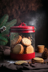 Christmas cookies in a red jar, spruce branches and garlands, Generative ai