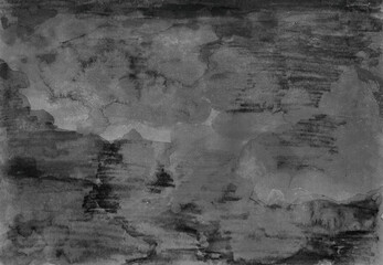 Texture background. Black and gray watercolor background. Old distressed vintage grunge textured paper. Monochrome dark black and white faded blobs and scratched line texture.