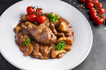 rooster in wine dish vegetable cgicken meat fresh meal food snack on the table copy space food background rustic top view