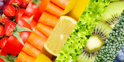 Fruits and vegetables background collection of fresh fruit panorama with berries