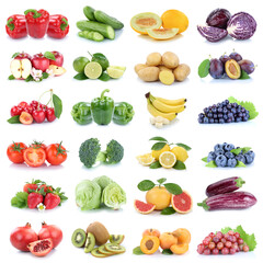 Fruits and vegetables background collection isolated on white with apple lemon tomatoes fresh fruit square