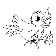 Fototapeta premium Cartoon sparrow with flower for kids coloring book. Vector illustration of a flying bird with a flower