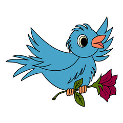 Cartoon sparrow with a flower. Vector illustration of a flying bird with a flower