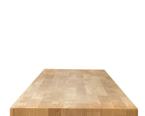Wooden dinner table surface. Natural wood furniture close view. Tabletop isolated over white background