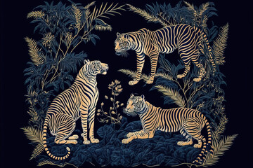 A trendy designer pattern with royal bengal tigers in the botanical wildlife. A golden line art on a navy blue background. A popular design choice. generative ai